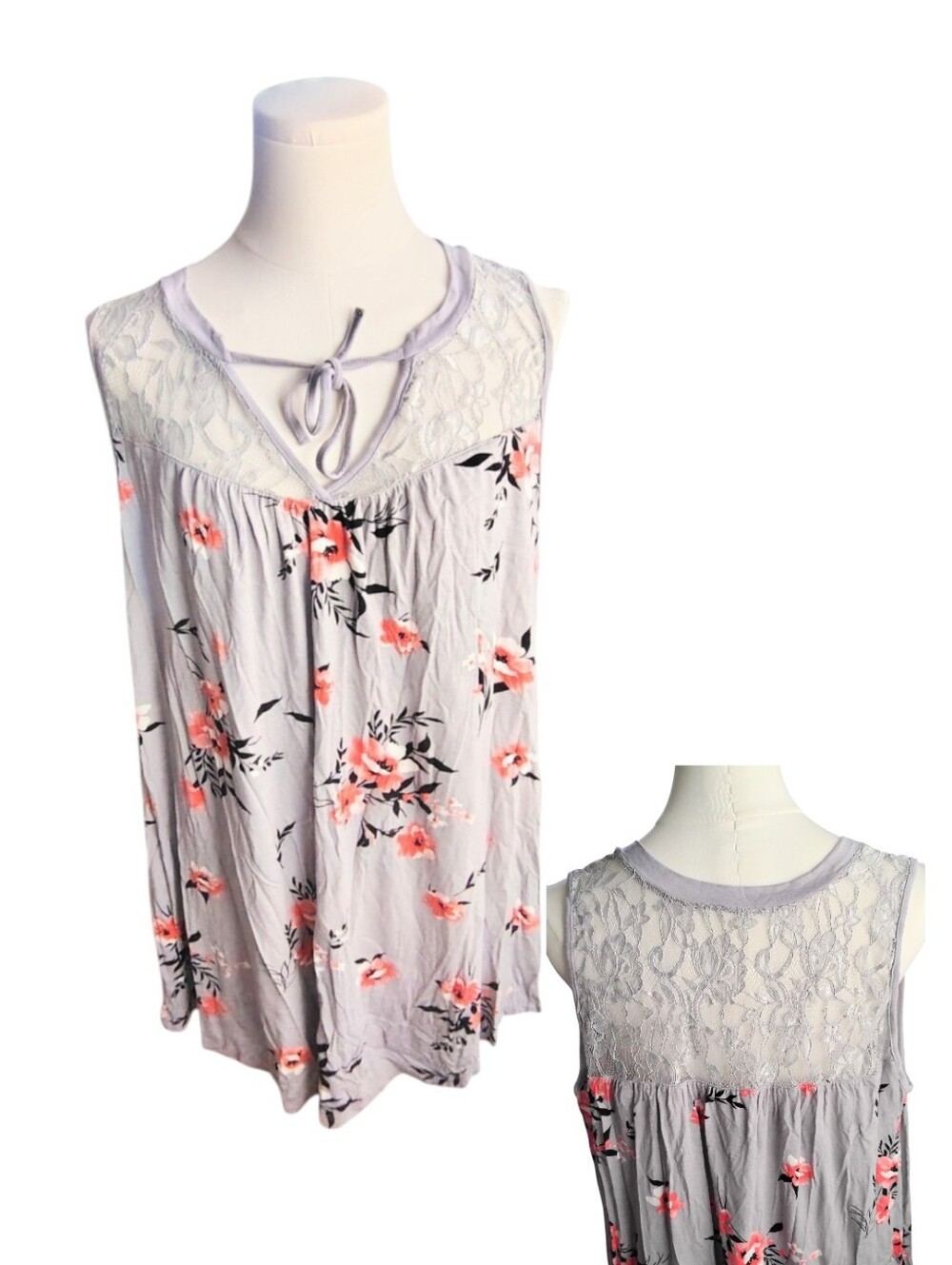 Torrid Lace Back Gray Pink and White Floral Sleeveless Soft Blouse Plus Size 2